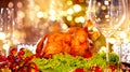 Christmas holiday family dinner. Decorated table with roasted turkey Royalty Free Stock Photo