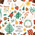 Christmas holiday flat vector seamless pattern. Winter season symbols texture. Traditional xmas attributes decorative