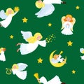 Christmas holiday flying angel in the sky with wings and golden trumpet like symbol Christian religion or new year