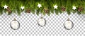 Christmas holiday frame with branches of tree garland and pines on transparent background