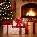 Christmas holiday gifts in front of a lit Christmas tree and a burning fireplace - generative AI Royalty Free Stock Photo