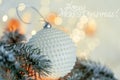 Christmas Holiday greeting card. Beautiful ball, pine branches and a garland in the snow. Text. Close-up Royalty Free Stock Photo