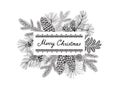 Christmas holiday greeting card. Handwritten Lettering MERRY CHRISTMAS. Noel holiday winter floral background in engraving retro