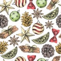 Christmas holiday hand drawing seamless pattern. Christmas attributes