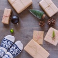 Christmas holiday handmade gift boxes background. View from above Royalty Free Stock Photo