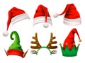 Christmas holiday hat. Funny 3d elf, snow reindeer and Santa Claus hats for noel. Elves clothes isolated vector set Royalty Free Stock Photo