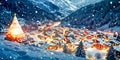 Houses beautifully decorated with Christmas garlands in a snow-covered Alpine ski resort with New Year tree Royalty Free Stock Photo