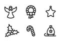 christmas holiday line icon set. angel, star, holly berry, bag with gifts, christmas wreath and candy