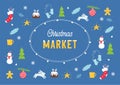 Christmas Holiday Market or Fair Poster with Festive Lights, Stockings and Trees. Vector Illustration