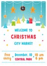 Christmas Holiday Market or Fair Poster with Snowy Winter Town Landscape, Trees and Gingerbread Cookies Garland