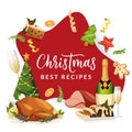 Christmas holiday menu design template. Vector flat cartoon illustration of roasted turkey, champagne, gingerbread, pie Royalty Free Stock Photo
