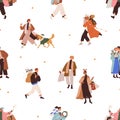 Christmas holiday pattern with happy people on winter city street. Seamless background design, repeating print with Royalty Free Stock Photo