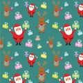 Christmas holiday pattern with santa and reindeer giving gifts. Hand drawing illustration