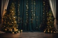 Christmas Holiday Pine Fir Tree near the Wall with Candles Curtains Indoor Interior Background AI Generated