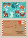 Christmas holiday post card and envelope with cute stamps