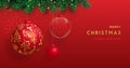 Christmas holiday red background with glass balls, Christmas tree branch and snowflakes. Christmas greeting card. Royalty Free Stock Photo