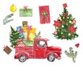 Christmas watercolor red truck illustration with festive fir tree, pine branches, glass balls, gift boxes, isolated. Royalty Free Stock Photo