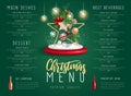 Christmas holiday restaurant menu design with 3D Christmas decoration and champagne bottles.