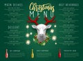 Christmas holiday restaurant menu design with 3D paper deer head and champagne bottle.