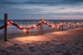 Christmas holiday retreat by beautiful sea, ocean. Beachside scene with wooden fence adorned in Christmas tree garlands