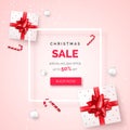 Christmas holiday sale banner with gift boxes with red ribbon and bow. Present boxes with New Year decoration Royalty Free Stock Photo