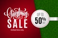 Christmas holiday sale 50 percent off with paper sticker on background with icons. Limited time only Royalty Free Stock Photo