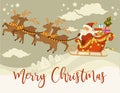 Santa Claus and deers with sleigh flying over winter snowy forest Royalty Free Stock Photo