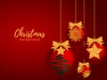 Christmas holiday season background with Christmas baubles ball with gold star and gold snowflake hanging on red background. Royalty Free Stock Photo