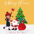 Christmas cartoon of Santa Claus, Cute girl, gift box and Christmas tree. Royalty Free Stock Photo