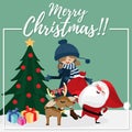 Christmas cartoon of Santa Claus, Cute girl, Reindeer, gift box and Christmas tree. Royalty Free Stock Photo