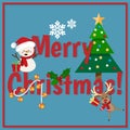 Christmas holiday season background with Christmas cartoon of Snowman, Red nose reindeer, snowflakes and Christmas tree. Royalty Free Stock Photo