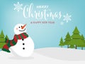 Christmas cartoon of Snowman in winter custom on the hill with pine tree and Merry Christmas & HAPPY NEW YEAR text. Royalty Free Stock Photo