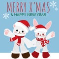 Cute bear and rabbit in red scarf with Merry Christmas text.