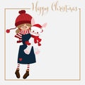 Christmas holiday season background with Cute girl in winter custom with cute rabbit doll and Happy Christmas text. Royalty Free Stock Photo