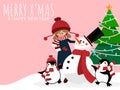 Christmas holiday season background with cute girl in winter custom with snowman, penguins, Christmas tree. Royalty Free Stock Photo