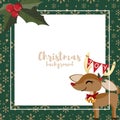 Christmas holiday season background with Cute Reindeer, snowflakes and holly berries on green background with white copy space. Royalty Free Stock Photo