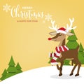 Christmas holiday season background with Cute reindeer in Santa hat on snow hill with pine tree. Royalty Free Stock Photo