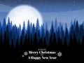 Landscape with pine trees on snow hill with snowflake and Merry Christmas text. Royalty Free Stock Photo