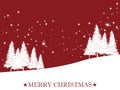 Landscape with Christmas tree near the pine trees on snow hill on red sky with snowflake and Merry Christmas text. Royalty Free Stock Photo