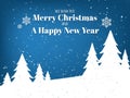 Landscape with Christmas tree near the pine trees on snow hill with snowflake and Merry Christmas text. Royalty Free Stock Photo