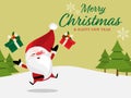 Christmas holiday season background with Santa Claus with gift box and Merry Christmas & Happy New Year text.