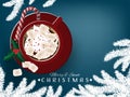 Christmas holiday season background with Red cup of hot chocolate with marshmallow and candy canes.