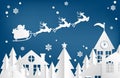 Christmas holiday season background of Santa Claus on the sky coming to City in paper art and craft style. Royalty Free Stock Photo