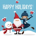 Christmas holiday season background with Santa Claus, snowman, Cute girl, gift box and Happy Holidays text. Royalty Free Stock Photo