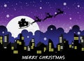 Christmas holiday season background with Santa flying in a sleigh with reindeer on city skyline silhouette at night sky. Royalty Free Stock Photo