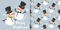 Christmas banner and seamless pattern of snowman wear black hat decorated with holly berry branch Royalty Free Stock Photo