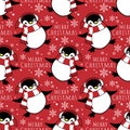 Christmas holiday season seamless pattern with cute cartoon penguins in winter custom with snowflakes and Merry Christmas text