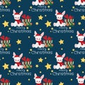 Christmas holiday season seamless pattern with Cute rabbit with Santa hat, gift box , star and merry Christmas text. Royalty Free Stock Photo