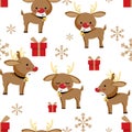 Christmas holiday season seamless pattern with Cute reindeer, snowflakes and gift box.