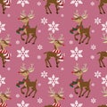 Christmas holiday season seamless pattern with Cute reindeer with scarf and snowflakes.